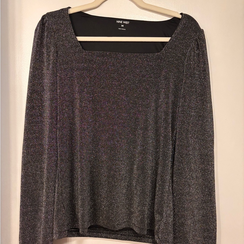Nine West Metallic Black Ribbed Square-Neck Long Sleeve Top